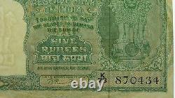 India 1949-57 Five Rupees B. Rama Rau Banknote in About Uncirculated Condition