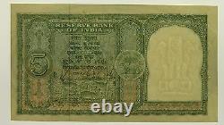 India 1949-57 Five Rupees B. Rama Rau Banknote in About Uncirculated Condition