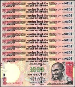 India 1,000 Rupees, 2016, P-107s, Plate Letter X 10 PCS