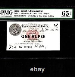 India 1 Rupee 1917 P-1g PMG Gem Unc 65 EPQ Rare Grade No Pinholes
