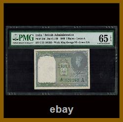 India 1 Rupee, 1940 P-25d King George VI Letter A Green S/N PMG 65 EPQ Unc