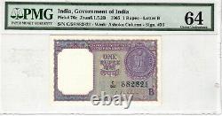 India 1 Rupee -Letter B Pick# 76C 1965 Wmk Ashoka Column-Sign. #36 PMG 64 UNC