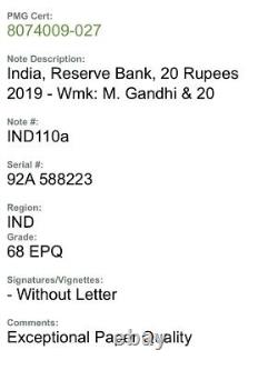India 20 Rupees Pick Unlisted 2019 PMG 68 EPQ Superb Gem Unc Banknote