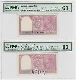 India 2 Rupees 1943 P17b PMG 36 UNC King George Pair Consecutive Serial Rare