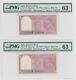India 2 Rupees 1943 P17b PMG 36 UNC King George Pair Consecutive Serial Rare