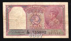 India 2 Rupees P-17 B 1943 King George VI Lion CDD Sign Scarce Torn Bank Note