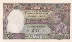 India 5 Rupees 1937 KGVI P18a Set of 2 Consecutive Serial 061453/ 64 UNC