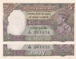 India 5 Rupees 1937 KGVI P18a Set of 2 Consecutive Serial 061453/ 64 UNC