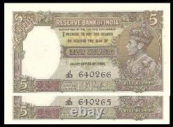 India 5 Rupees 1937 KGVI P18a Set of 2 Consecutive Serial 640265 / 66 UNC