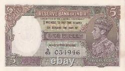 India 5 Rupees 1937 King George VI-P18a-Rare British India Note. S No 034946 UNC