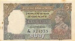 India 5 Rupees ND. 1937 P 18a Series F/75 Circulated Banknote G5