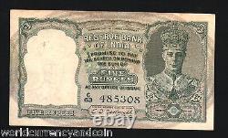India 5 Rupees P-23 A 1943 British King George Deer Tiger Aunc Rare Indian Note