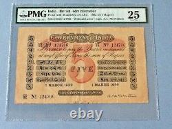 India/ British Administration 5 Rupees P-A6h 1922 PMG 25 Staining, Toned