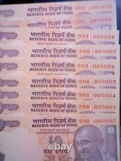 India LOW SERIAL #2 #10 Ten Rupee GEM CU Currency Nice 9 Note LOT 2015-2016
