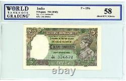 India. P-18b. 5 Rupees. ND(1943). Ch AU-UNC