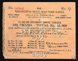 India Pudukkottai State 1 Rupee 1941 War Fund Raffle Lottery Rare Indian Item