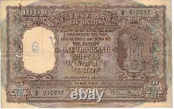 India Reserve Bank 1954, 1000 Rupees Madras Sign Rama Rao Lt No 122
