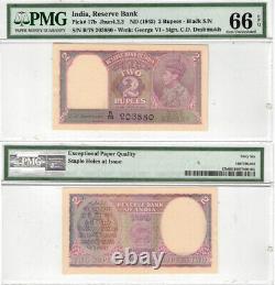 India Reserve Bank 2 Rupees 1943 P# 17b Wmk George VI Pmg 66epq Gem Unc