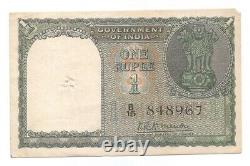 India Rupee 1, UNC Note, 1949, A-1, Inset NIL, Prefix B, KRK Menon