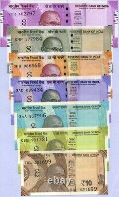 India, Set 7 Pcs, 10 20 50 100 200 500 2000 Rupees Random Year P 109 116 UNC