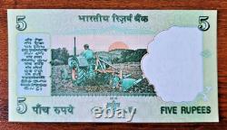 India Xtra Rare Error 5 Rs Double print on the back of the note GEM UNC
