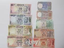 Indian Rupee Currency Paper Money Bank Note 1-2-5-10-20-50-100-500-1000 set of 9