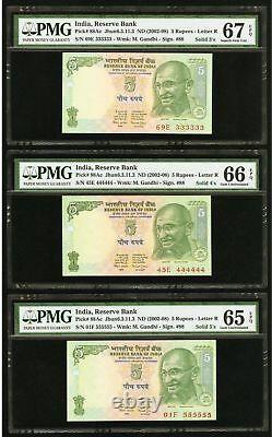 LOT OF 9 India 5 Rupees 2002 Solid Serial Numbers Gem Uncirculated PMG 67 EPQ