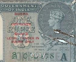 Legal Tender in Burma Only 1 RS British India George VI King Banknote. G5-54