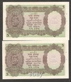 Lot 2 Pcs Consective India 5 Rupees King George VI Sign. Taylor 1937 UNC Scarce