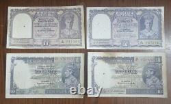 Lot of 4 British India George VI 10 rupees banknotes