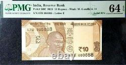 PMG 64 EPQ INDIA 10 Rupees B/Note S/N-67B 888888 UNC Solid#8s(+FREE1 note)#18922
