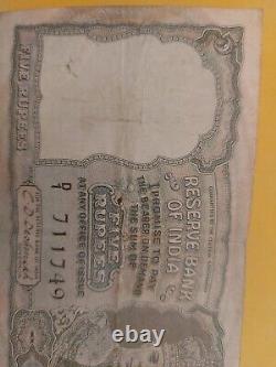 RARE 1943 BRITISH INDIA 5 RUPEES BANKNOTE KING GEORGE VI, P#23a, BLACK SERIAL NO