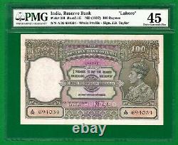 RARE RS. 100 BRITISH INDIA LAHORE PICK 20l KGVI 1937 J. B. TAYLOR