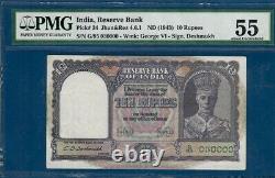 Rare Fancy Serial 030000 British India Burma 10 Rupees 1943 Pick#24 Deshmukh