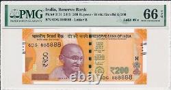 Reserve Bank India 200 Rupees 2019 Solid S/No 888888 Letter R PMG 66EPQ