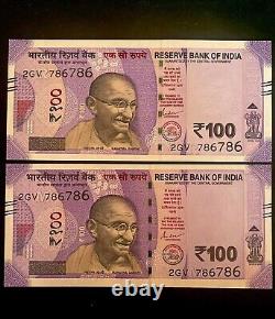 Rs 100/- India Banknote TWIN SET GEM UNC UNIQUE SOLID NUMBER 2GV 786786