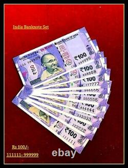Rs 100/- NEW India Banknote SOLID NUMBER 111111 999999 GEM UNC SET
