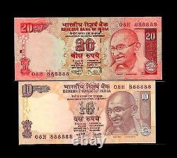 Rs 10/- & 20/- India Banknote SOLID Number 08H 888888 GEM UNC TWIN Issue UNIQUE