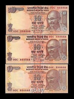 Rs 10/- India Banknote SOLID Number 00G 888888 GEM UNC TRIPLET Issue UNIQUE
