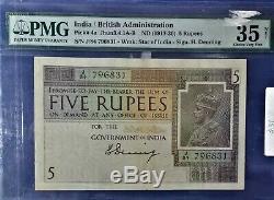 Vintage India British Administration 5 Rupee Note ND 1917-30 PMG 35Net H Denning