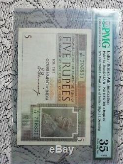 Vintage India British Administration 5 Rupee Note ND 1917-30 PMG 35Net H Denning